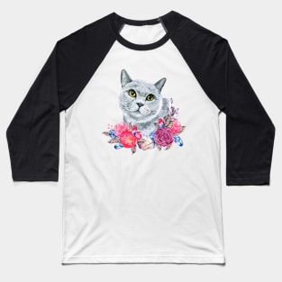 Cute Russian Blue Cat with Roses Watercolor Art Baseball T-Shirt